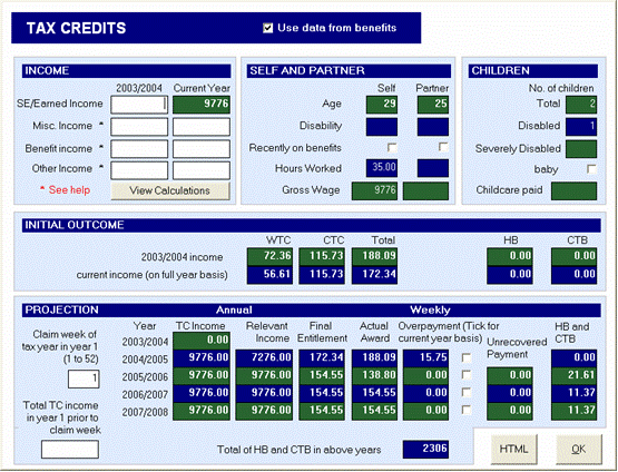 Tax Credits calculation and projection screen