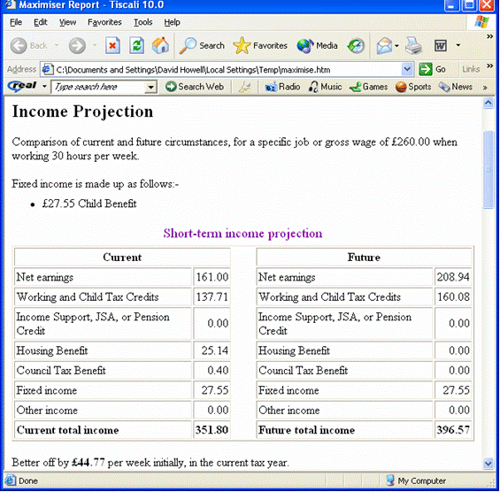 Maximiser's Income Projection screen report